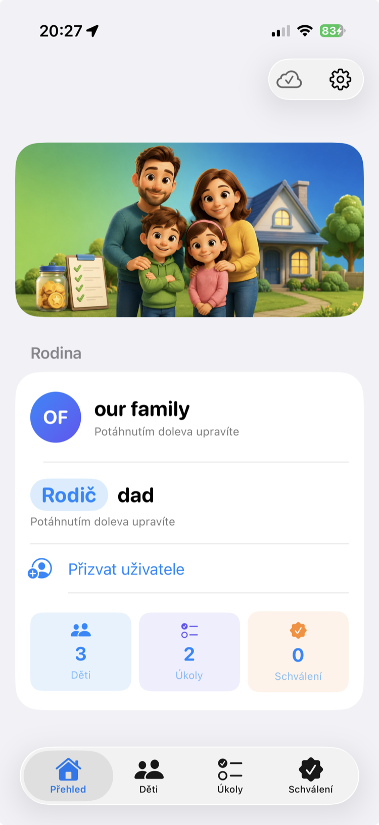 Přehled rodiny s dětmi, úkoly a schváleními