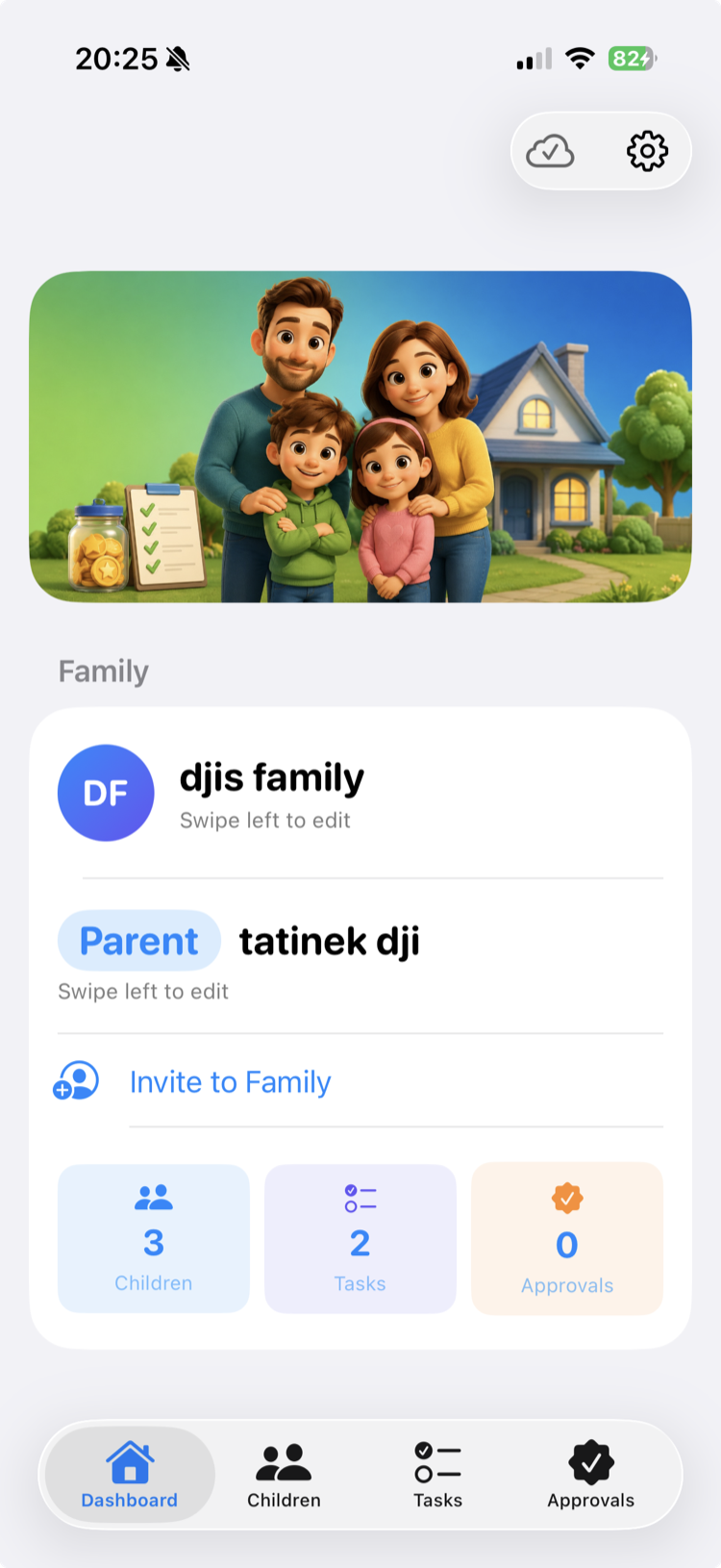 Family dashboard with children, tasks and approvals at a glance