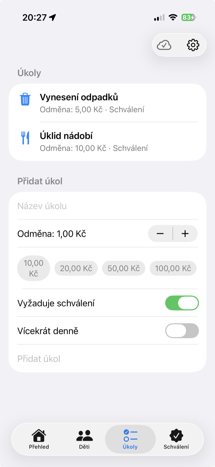 Úkoly s odměnami a pravidly schvalování
