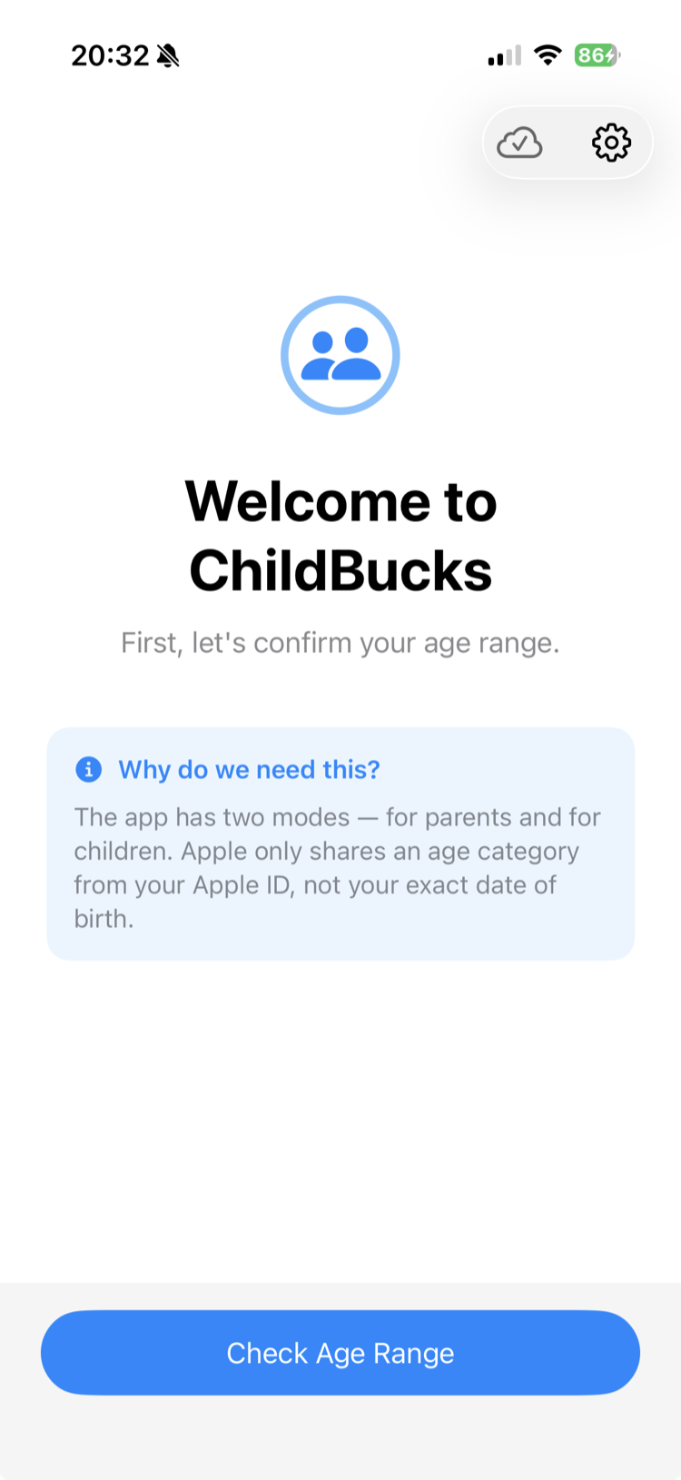 Welcome screen with age range check